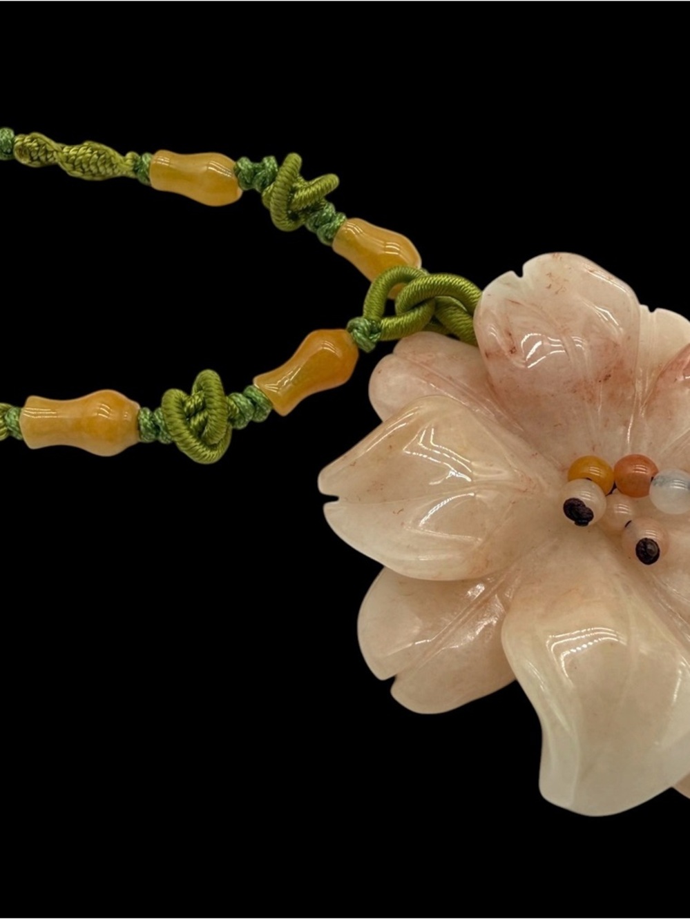 Vintage Floral Pendant Necklace Peach Jade Macrame Necklace 14”-26” - Picture 9 of 10
